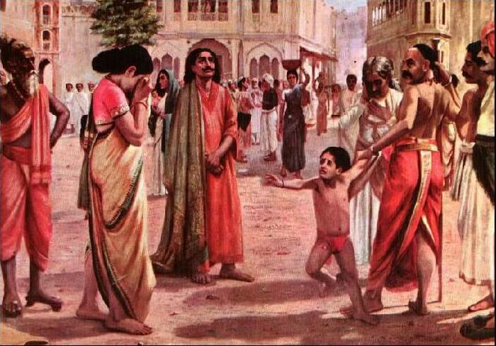  Harischandra in Distress, having lost his kingdom and all the wealth parting with his only son in an auction